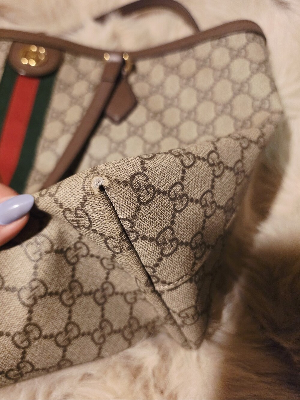 Gucci Ophidia Beige GG Canvas Tote with Brown Trim and Green-Red Web - Picture 14 of 16